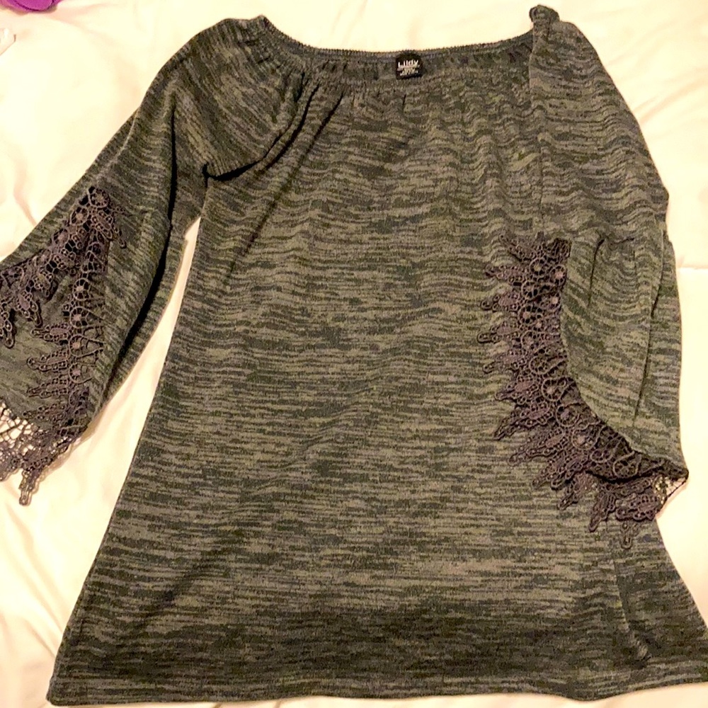 Grey off-shoulders top with lace bell sleeves